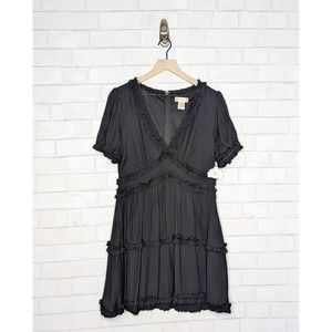 altar'd State Women Black V Neck Ruffle Short Puff Sleeve A-Line Mini Dress  XL